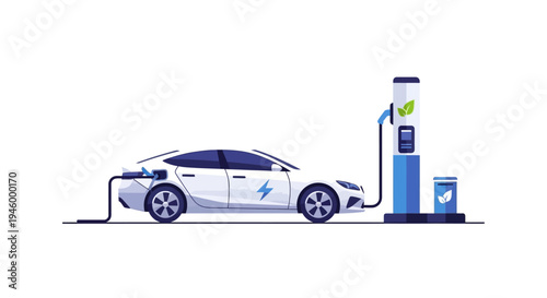 Electric Car Charging Station with Leaf Symbol, White EV Charging