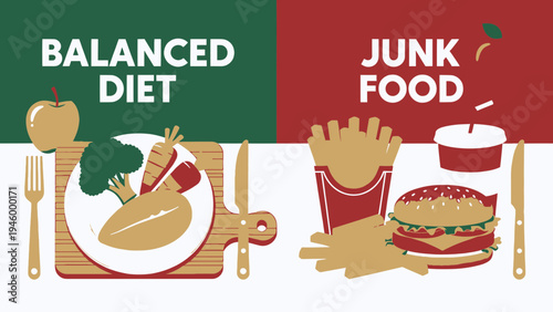 Balanced Diet Versus Junk Food Comparison vector illustration