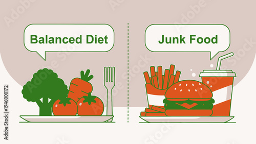 Balanced Diet vs. Junk Food Comparison vector illustration