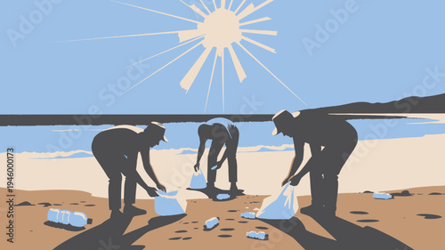 People Cleaning Up Beach With Plastic Bottles Scattered vector illustration