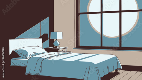 Cozy Bedroom Scene With Large Full Moon Visible Through Window vector illustration