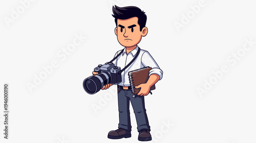 Cartoon Photographer With Camera And Notebook vector illustration