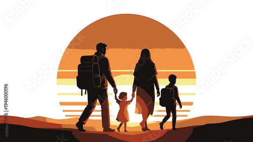 Family Walking Together Towards a Sunset vector illustration