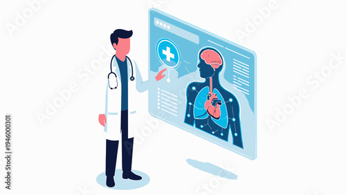 Doctor Interacting With Medical Hologram of Human Anatomy vector illustration