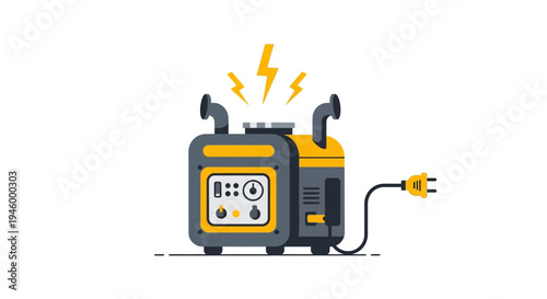 Portable generator with power plug and lightning bolts, flat design