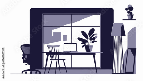 Modern Home Office With Large Window vector illustration