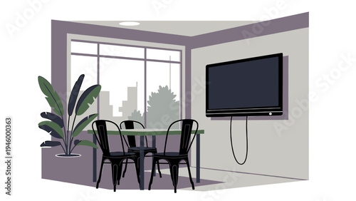 Modern Meeting Room With Large Window And Wall-Mounted TV vector illustration