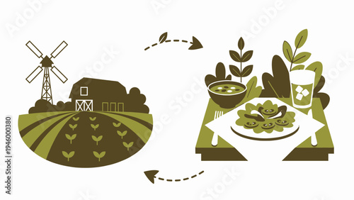 Farm To Table Concept With Windmill Barn Crops and Prepared Food vector illustration