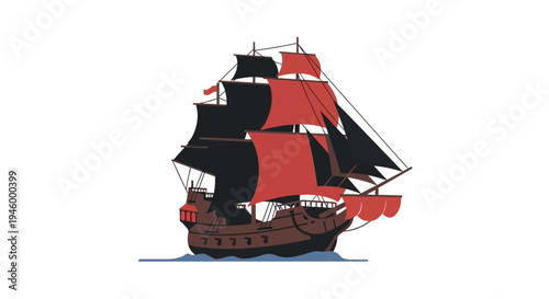 Vintage Pirate Ship Sailing with Red and Black Sails