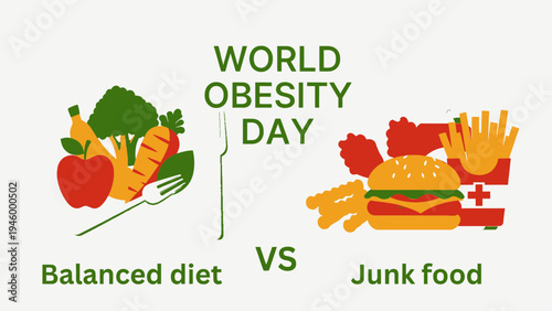 Balanced Diet vs Junk Food - World Obesity Day vector illustration