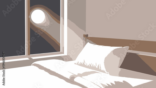 Cozy Bedroom With Moonlit Window vector illustration