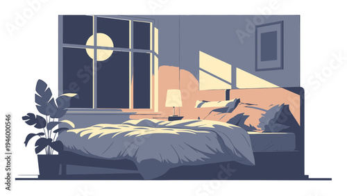 Cozy Bedroom Scene With Moonlit Window And Sunlight Rays vector illustration