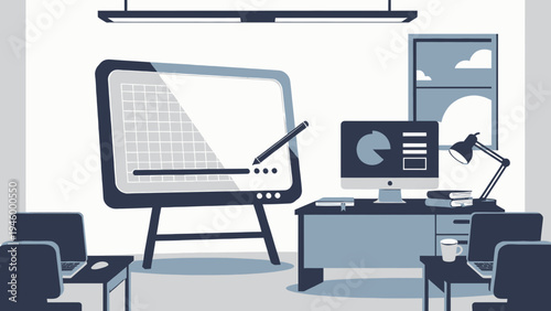 Modern Office Meeting Room With Digital Whiteboard And Technology vector illustration