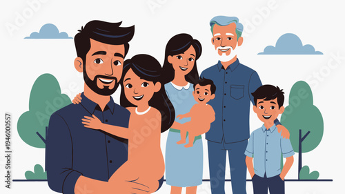 Happy Multi-Generational Family Posing Together Outdoors vector illustration