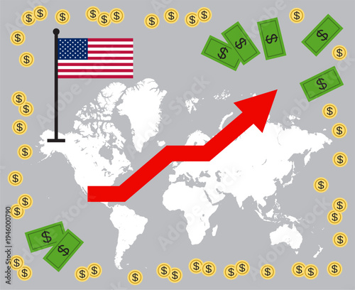 World inflation concept with graph chart on a world map vector illustration. United States tariffs.