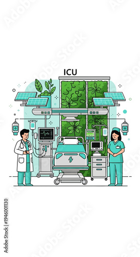 Innovative ICU Illustration Depicting Medical Professionals and Advanced Hospital Equipment
