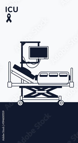 Intensive Care Unit Illustration Depicting Hospital Bed and Vital Sign Monitoring Equipment