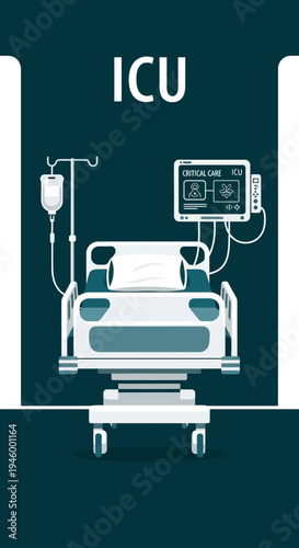Intensive Care Unit Illustration Depicting Hospital Bed and Vital Sign Monitoring Equipment