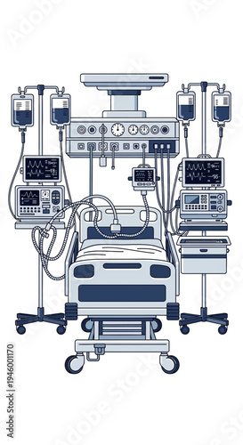 Intensive Care Unit Illustration Depicting Advanced Medical Equipment for Critical Patient Support