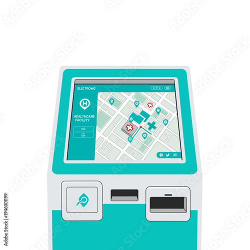 Interactive Digital Healthcare Kiosk with Navigation Interface in Modern Hospital Setting