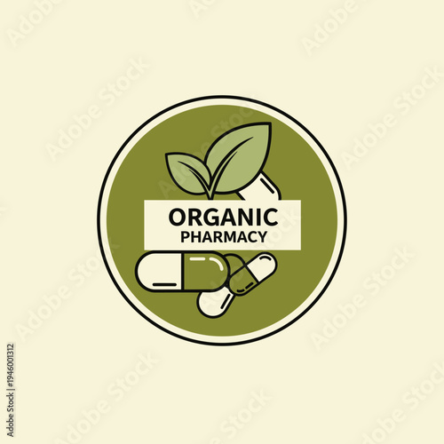 Innovative Organic Pharmacy Emblem Depicting Natural Remedies and Herbal Wellness Solutions