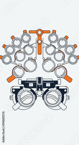 Innovative Illustration of Ophthalmic Trial Lens Set and Phoropter Depicting Eye Examination