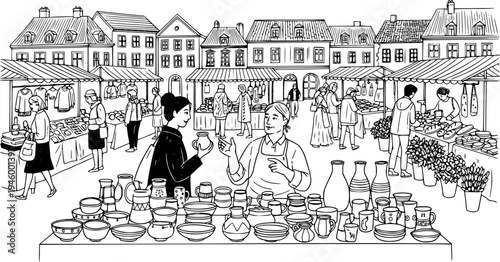 Traditional European Street Market with Local Artisan Selling Handmade Pottery, Authentic Cultural Heritage and Small Business Craftsmanship, Documentary Style