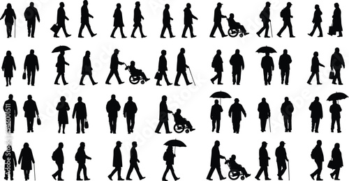 elderly people silhouettes, senior citizens walking, old age lifestyle, wheelchair walking stick, elderly care concept, isolated senior figures