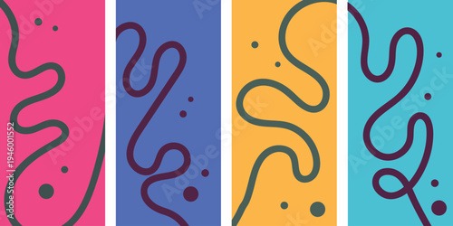 Four colorful panels with squiggly lines and dots isolated on white background, illustration