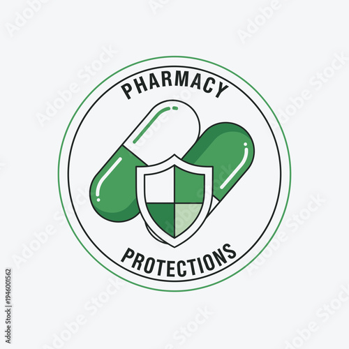 Innovative Pharmacy Symbol Featuring Protective Shield and Green Capsules Representing Health