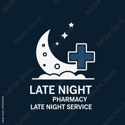 Innovative Logo Depicting Moon, Stars, and Medical Cross for Late Night Pharmacy Services