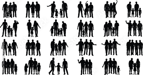 family silhouettes collection, parents with children, happy family poses, parenting lifestyle concept, family togetherness, isolated people figures