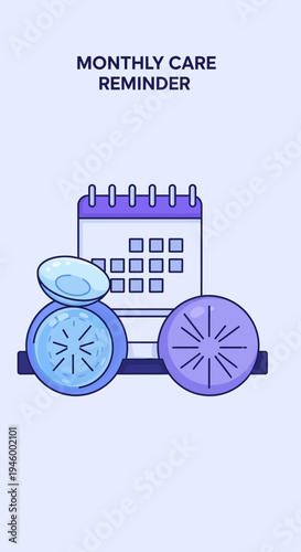 Innovative Monthly Care Reminder Design Featuring Contact Lenses and Calendar Elements