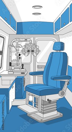 Inside Vision Care Unit: Detailed Illustration Of Diagnostic Equipment And Patient Chair