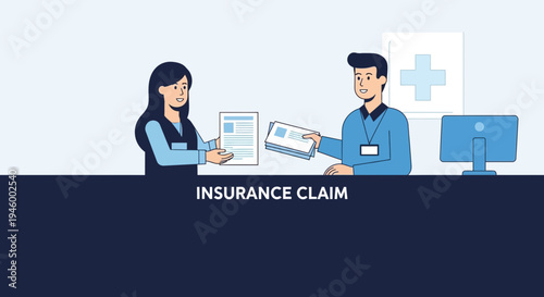 Insurance Claim Process with Medical Staff and Computer Illustrative Design Concept.
