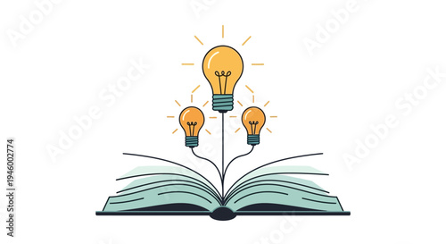 Open book with glowing light bulbs symbolizing ideas and innovation