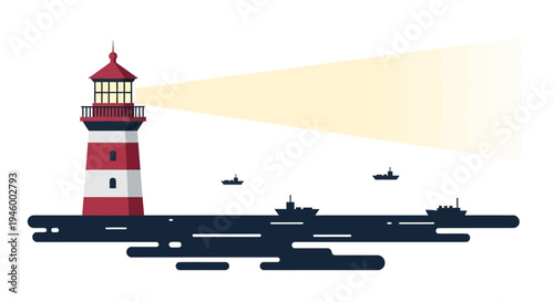 Lighthouse beam guiding ships at sea, vector illustration