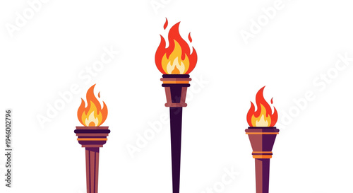Three burning torches with bright flames on white background