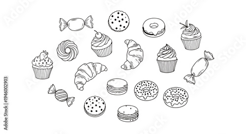 Hand-drawn Bakery Sweets and Dessert Icons Set for Bakery Branding, Menu Design, and Creative Coloring Book Projects.