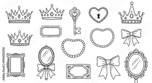 Princess Accessories Vector Icons Set featuring Crowns, Mirrors, and Bows for Royal Party Decorations and Creative Girl Coloring Activities.