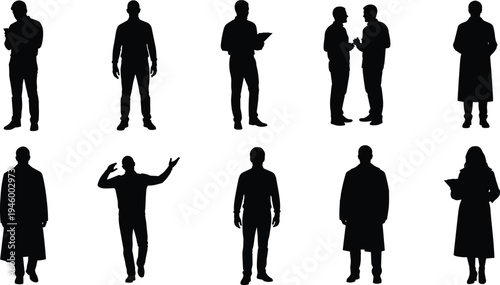 People silhouettes set, standing men characters collection, human figure poses talking reading gestures isolated black lifestyle illustration