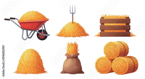 Hay and Farming Equipment Set with Bales and Tools for Agricultural Harvest and Livestock Feed Marketing