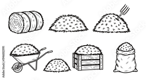 Hay and Straw Bale Set with Pitchfork and Wheelbarrow for Agriculture Branding, Organic Farming Illustrations, and Rural Harvest Graphics.