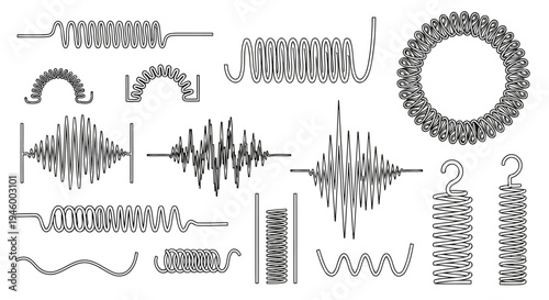 Engineering Spring and Wave Vector Set Isolated on White for Physics, Mechanical Design, and Industrial Signal Analysis