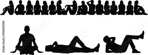 People sitting silhouettes collection, men women seated poses, casual relaxed positions, human figures resting lifestyle illustration set