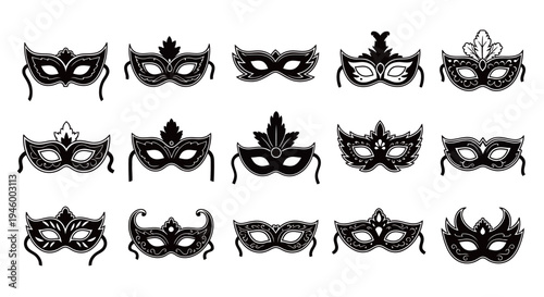 Set of Masquerade Mask Silhouettes for Carnival and Ball Events. Black Vector Icons for Mardi Gras Party Invitation and Festive Graphic Design.