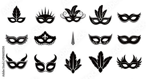 Black Masquerade Mask Silhouette Icon Set for Carnival Events and Mardi Gras Party Invitations. Ornate Decorative Elements for Ball Graphic Design.