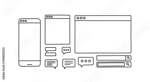 UI UX Design Doodle Elements Illustrating Wireframe Components for Mobile and Web Interface Prototyping Kit and Software Development.