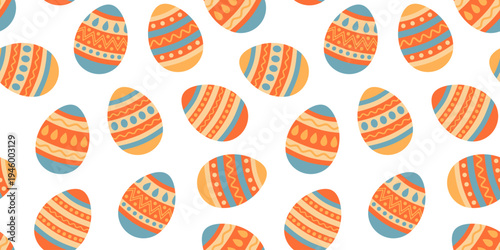 Seamless pattern with colorful decorative Easter eggs in flat style with geometric ornaments. Festive spring holiday vector illustration for card, background, wrapping, fabric, wallpaper, print.