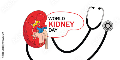 World kidney day illustration with girl reading book inside organ and stethoscope on checkered background for health care